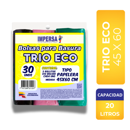 Rollo de Bolsa Impersa Trio Ecológico 45x60cm X30 Unidades