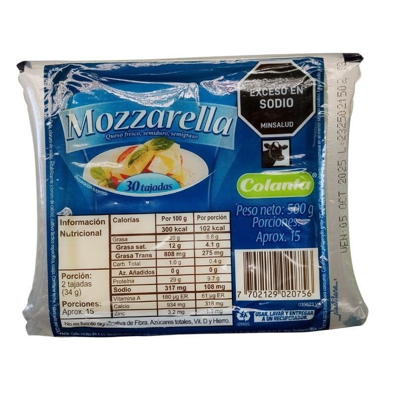 Queso Colanta Mozzarella Tajado X30 Tajadas X500gr Queso Colanta Mozzarella Tajado X30 Tajadas X500gr