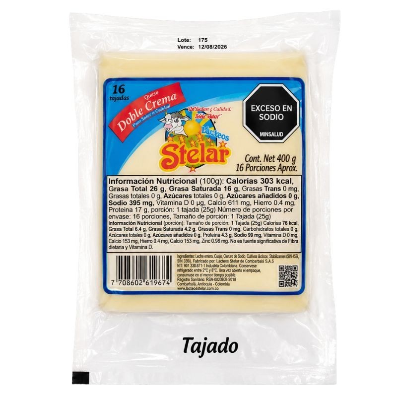 Queso Stelar Doble Crema Tajado X400Gr